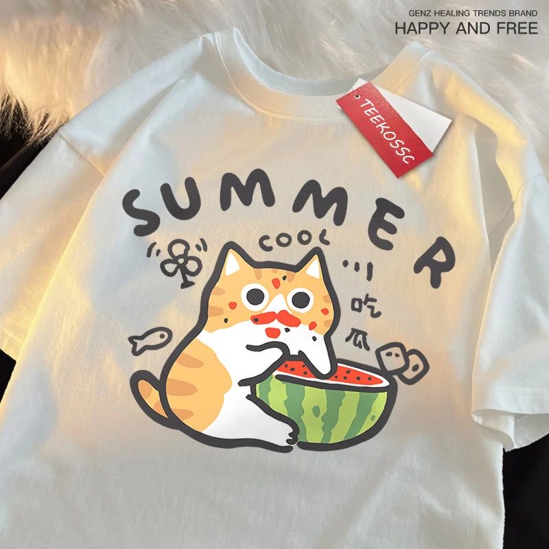 Fun Eating Watermelon Cat Japanese Style T-Shirt Male Fashion Cotton T-Shirts Hip Hop Oversize Tshirt Casual Cotton T-Shirts