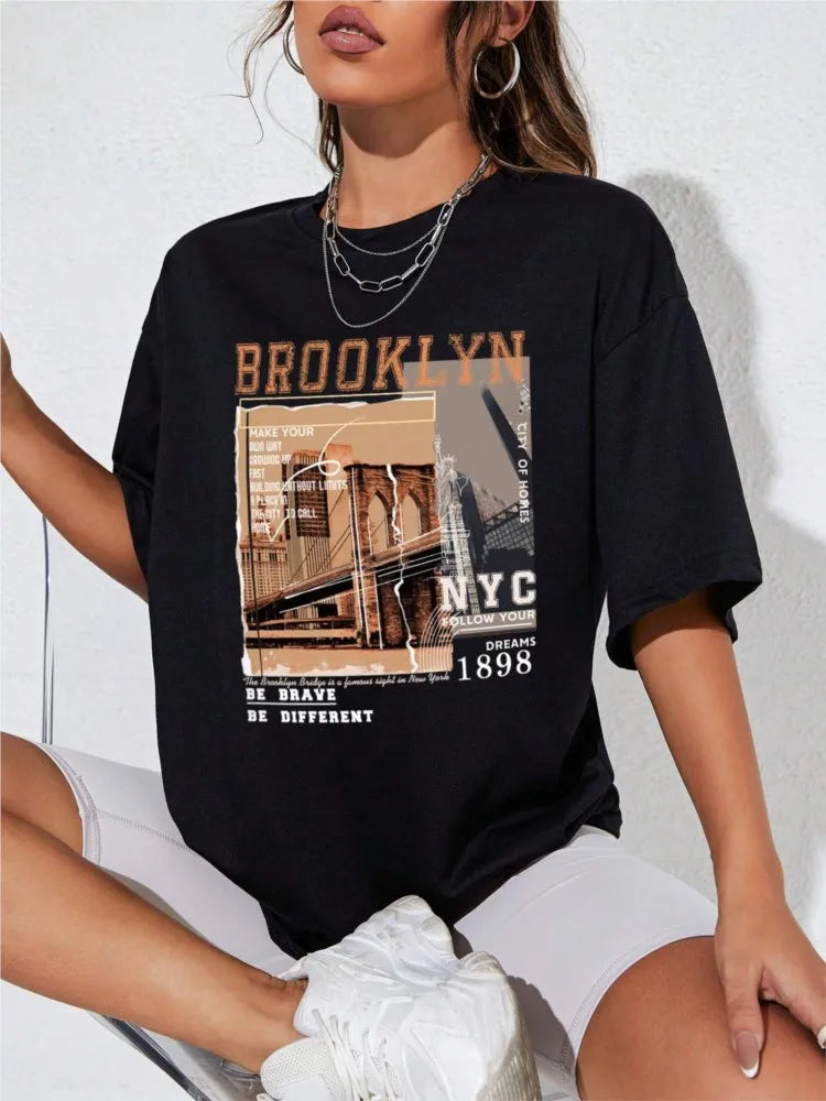 Spring Woman Cotton T-Shirts Letter Brooklyn NYC 1898 Graphic Printed Tees Fashion Casual Female Clothes Comfortable Street Tops