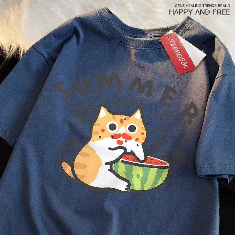 Fun Eating Watermelon Cat Japanese Style T-Shirt Male Fashion Cotton T-Shirts Hip Hop Oversize Tshirt Casual Cotton T-Shirts