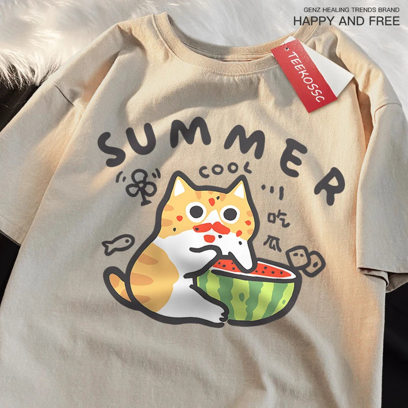 Fun Eating Watermelon Cat Japanese Style T-Shirt Male Fashion Cotton T-Shirts Hip Hop Oversize Tshirt Casual Cotton T-Shirts