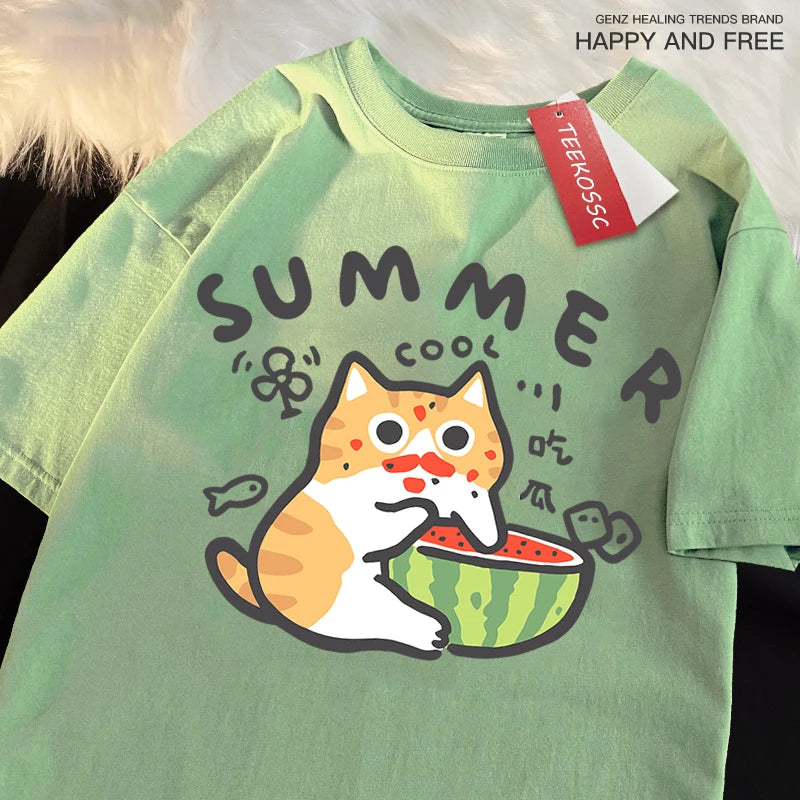 Fun Eating Watermelon Cat Japanese Style T-Shirt Male Fashion Cotton T-Shirts Hip Hop Oversize Tshirt Casual Cotton T-Shirts