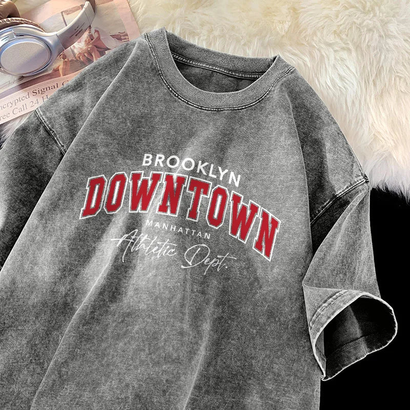 Letter printed T-shirt men's Manhattan street shirtcotton retro washed T-shirtunisex breathable fabric