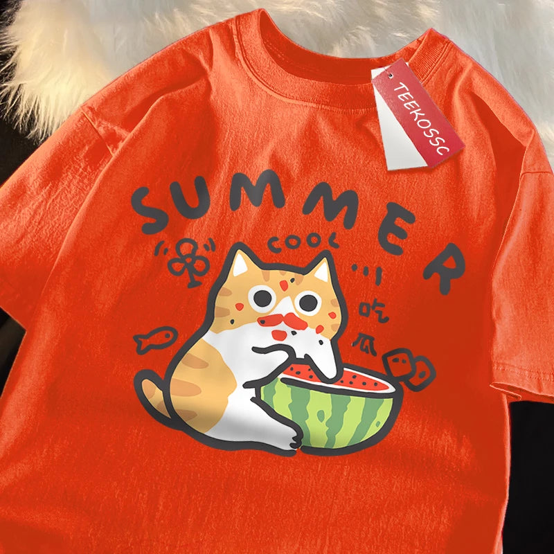 Fun Eating Watermelon Cat Japanese Style T-Shirt Male Fashion Cotton T-Shirts Hip Hop Oversize Tshirt Casual Cotton T-Shirts