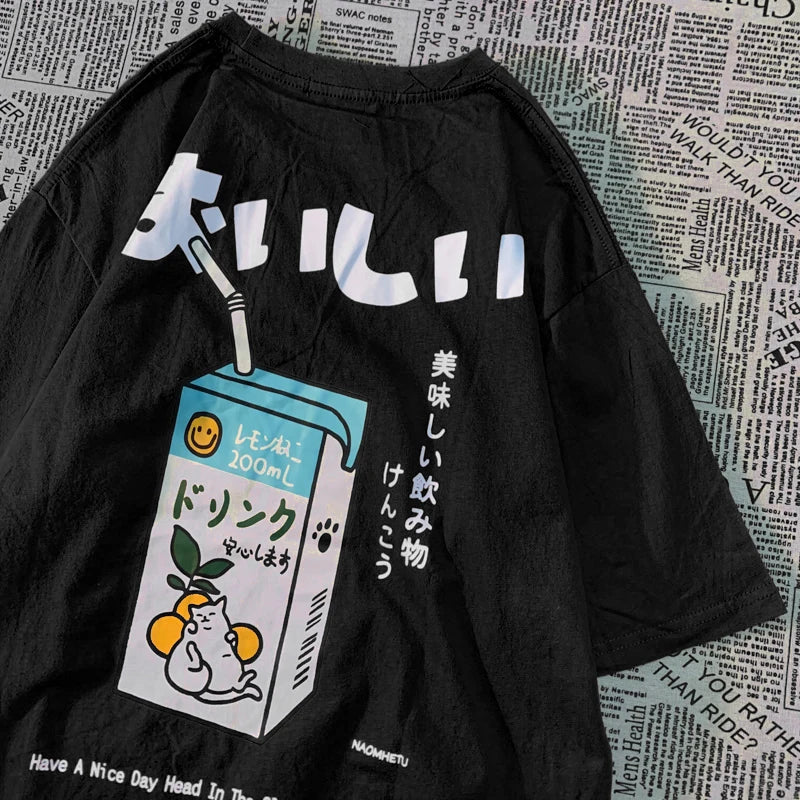 Cute Japanese Cat Print Oversized T-shirt Women Men Short Sleeve Loose Casual Tee Shirt Streetwear Tops Cotton Harajuku Clothing