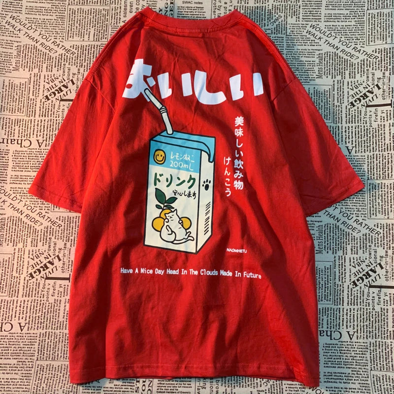 Cute Japanese Cat Print Oversized T-shirt Women Men Short Sleeve Loose Casual Tee Shirt Streetwear Tops Cotton Harajuku Clothing