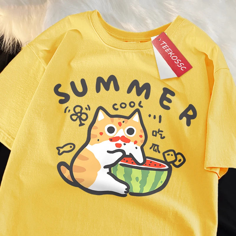 Fun Eating Watermelon Cat Japanese Style T-Shirt Male Fashion Cotton T-Shirts Hip Hop Oversize Tshirt Casual Cotton T-Shirts
