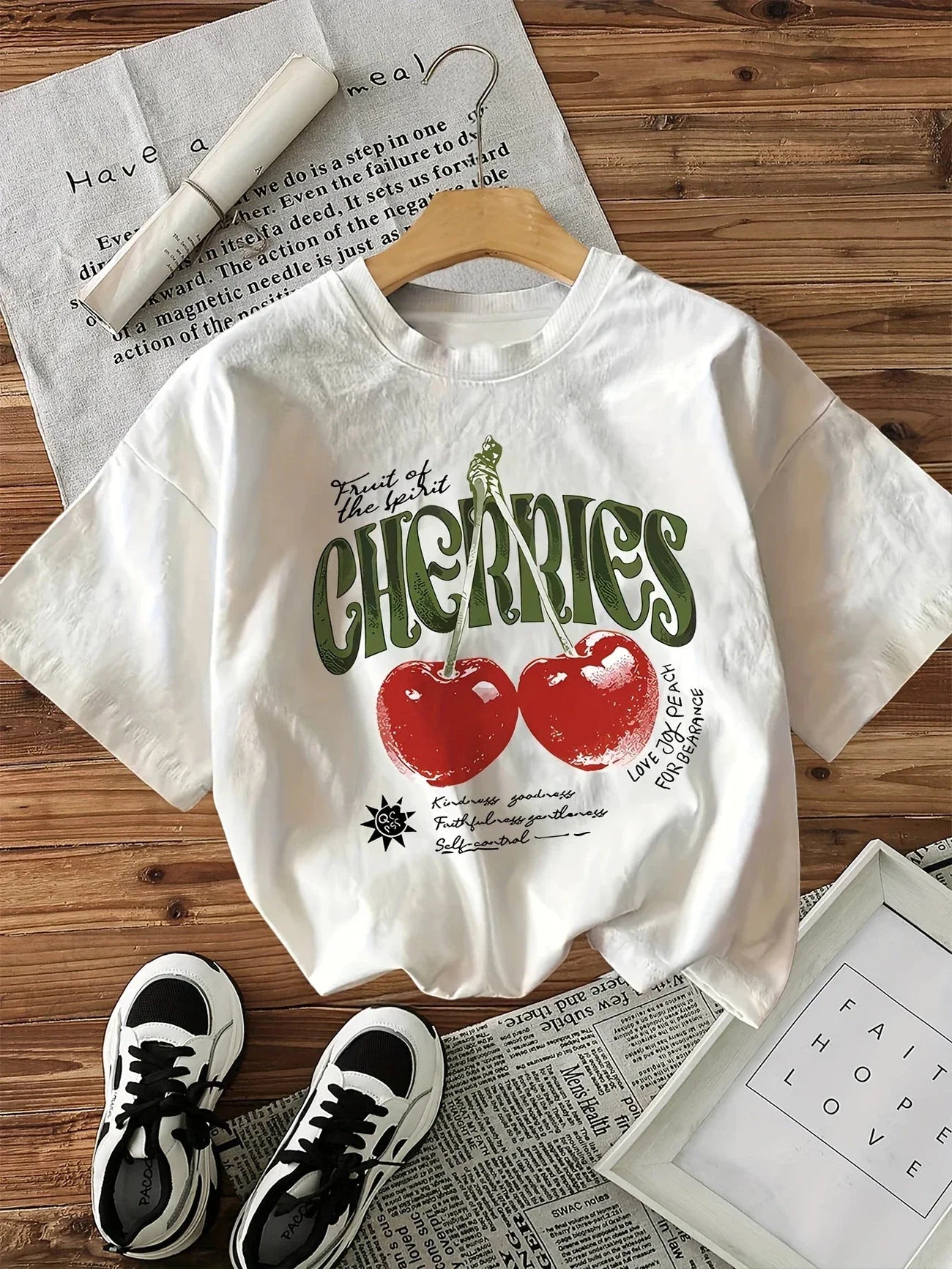 Women Cherry T-Shirt with Heart Cherries Graphic Print O-Neck Tops T Shirt Short Sleeve Clothing Female Casual Kawaii Clothes