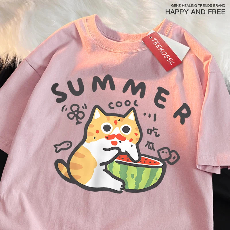 Fun Eating Watermelon Cat Japanese Style T-Shirt Male Fashion Cotton T-Shirts Hip Hop Oversize Tshirt Casual Cotton T-Shirts