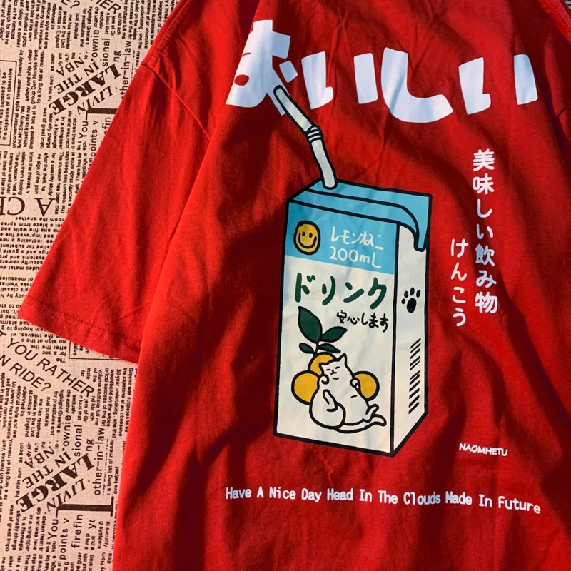 Cute Japanese Cat Print Oversized T-shirt Women Men Short Sleeve Loose Casual Tee Shirt Streetwear Tops Cotton Harajuku Clothing