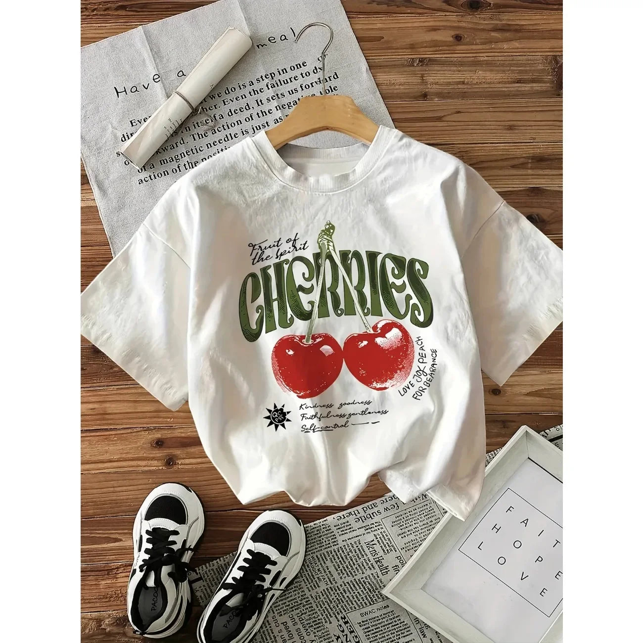 Women Cherry T-Shirt with Heart Cherries Graphic Print O-Neck Tops T Shirt Short Sleeve Clothing Female Casual Kawaii Clothes