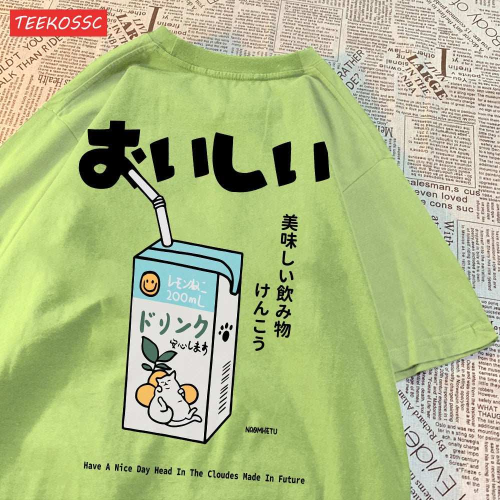 Cute Japanese Cat Print Oversized T-shirt Women Men Short Sleeve Loose Casual Tee Shirt Streetwear Tops Cotton Harajuku Clothing
