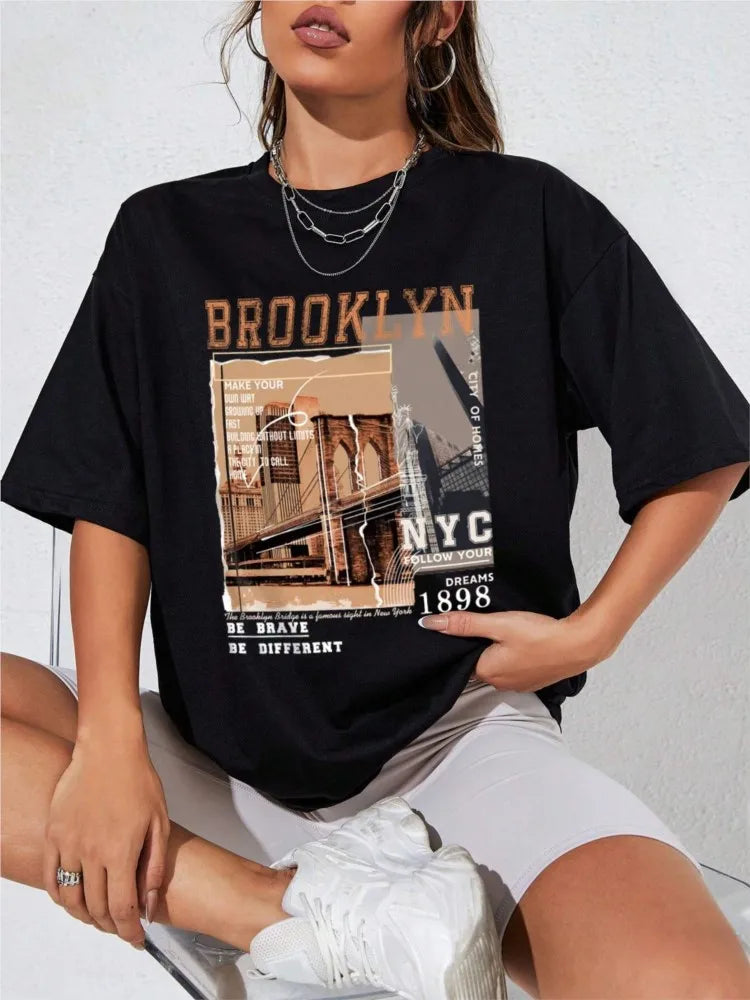 Spring Woman Cotton T-Shirts Letter Brooklyn NYC 1898 Graphic Printed Tees Fashion Casual Female Clothes Comfortable Street Tops