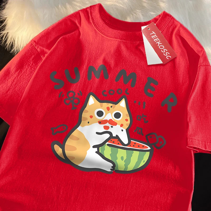 Fun Eating Watermelon Cat Japanese Style T-Shirt Male Fashion Cotton T-Shirts Hip Hop Oversize Tshirt Casual Cotton T-Shirts