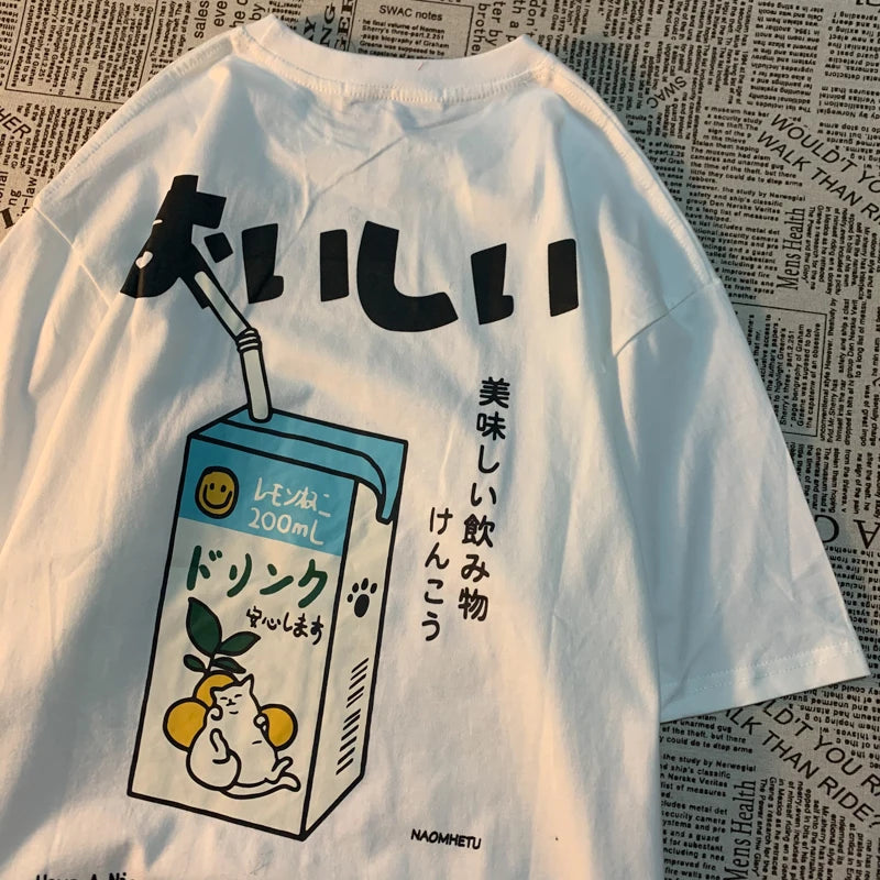 Cute Japanese Cat Print Oversized T-shirt Women Men Short Sleeve Loose Casual Tee Shirt Streetwear Tops Cotton Harajuku Clothing