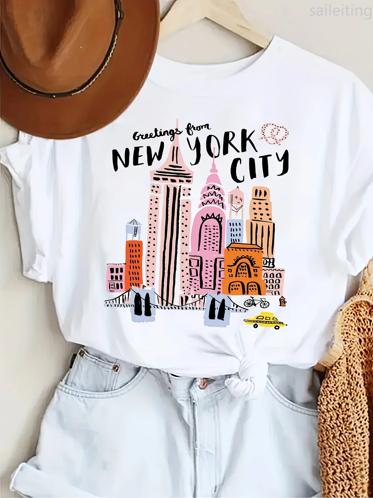 Crew Neck Casual Top with Statue of Liberty Brooklyn Bridge Design "Fall for New York City" Text Print Women's Harajuku Sleeve