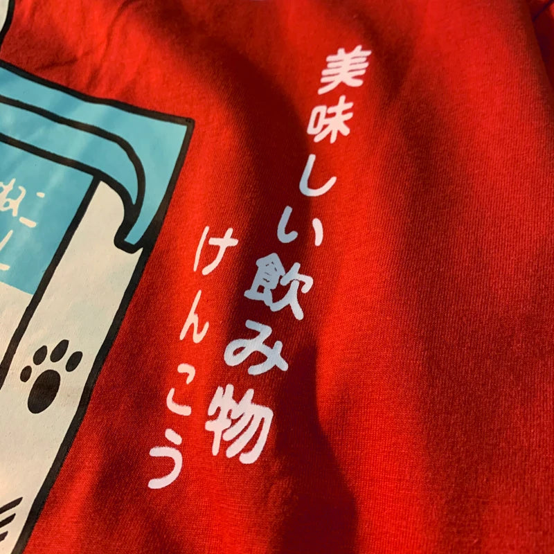 Cute Japanese Cat Print Oversized T-shirt Women Men Short Sleeve Loose Casual Tee Shirt Streetwear Tops Cotton Harajuku Clothing
