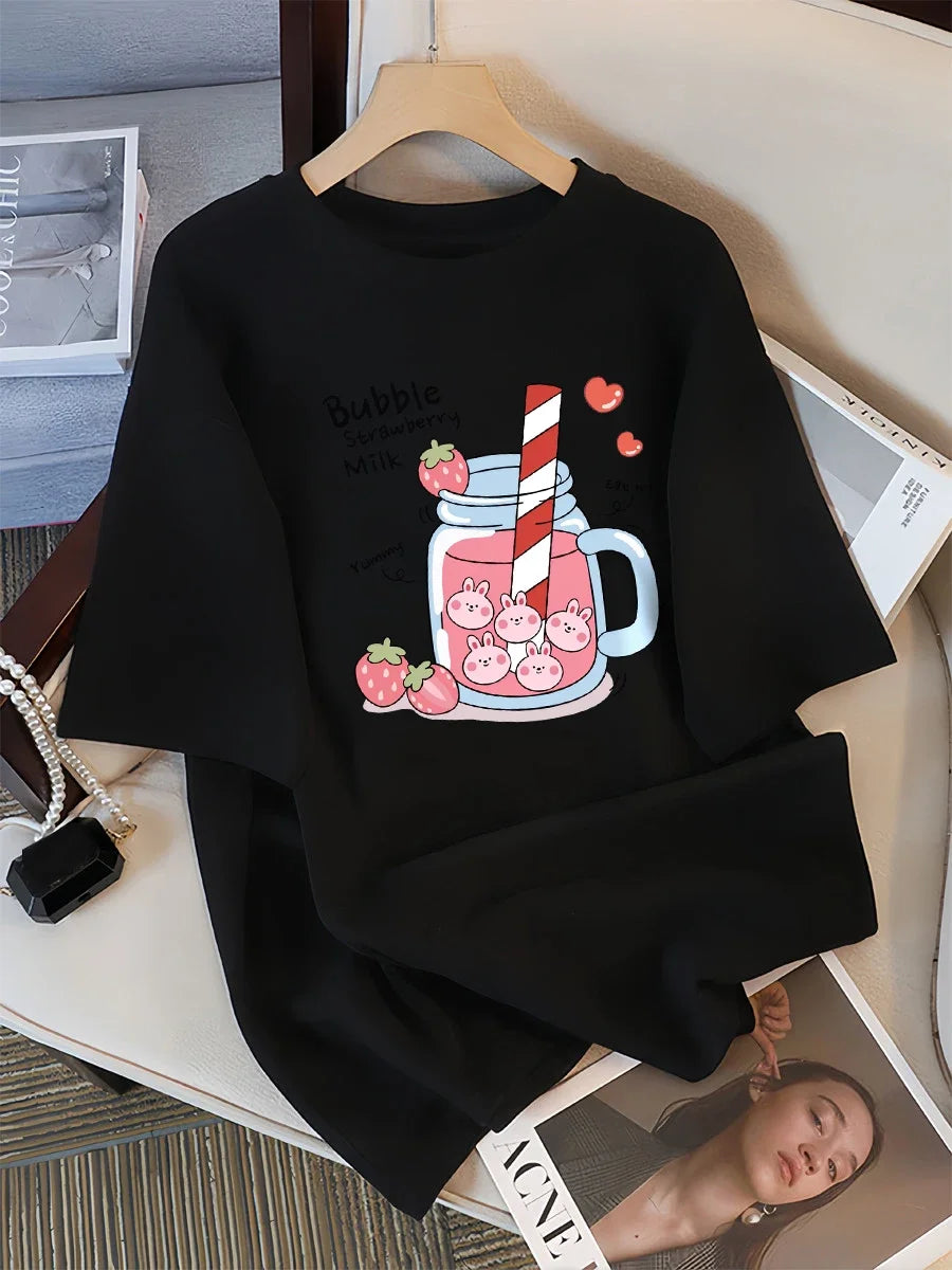Delicious Strawberry Drink Printed Women's T-shirt Summer Breathable Street Casual Sports Cool Short Sleeve Women Clothing Y2K