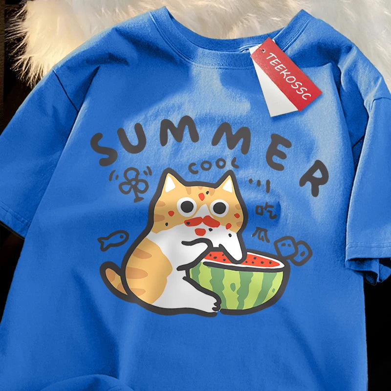 Fun Eating Watermelon Cat Japanese Style T-Shirt Male Fashion Cotton T-Shirts Hip Hop Oversize Tshirt Casual Cotton T-Shirts