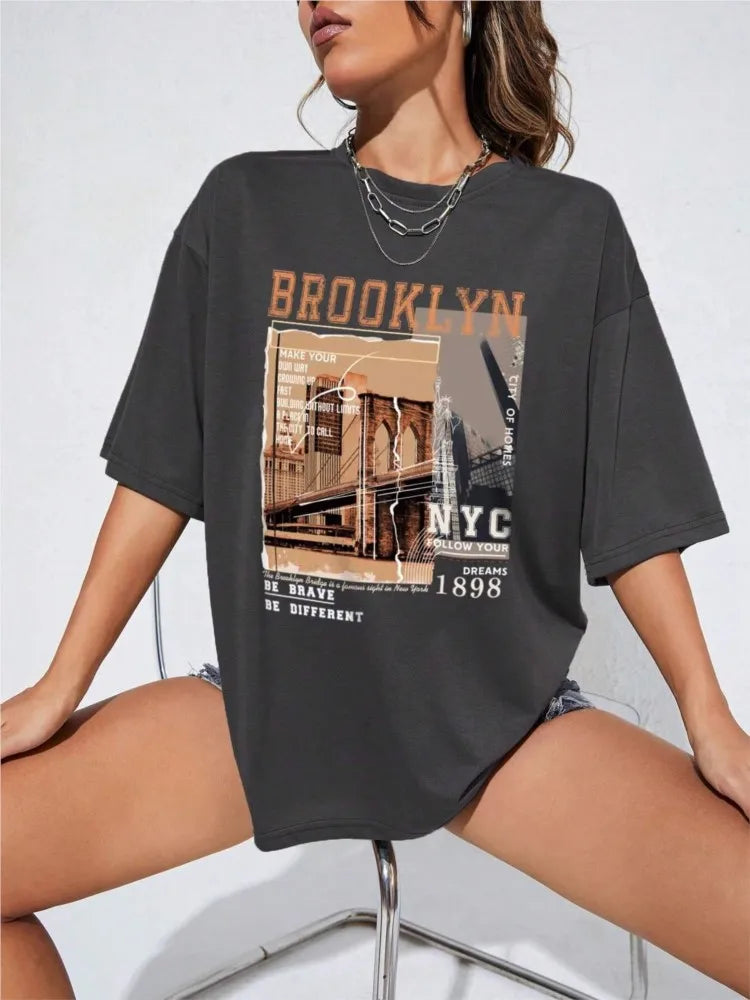 Spring Woman Cotton T-Shirts Letter Brooklyn NYC 1898 Graphic Printed Tees Fashion Casual Female Clothes Comfortable Street Tops