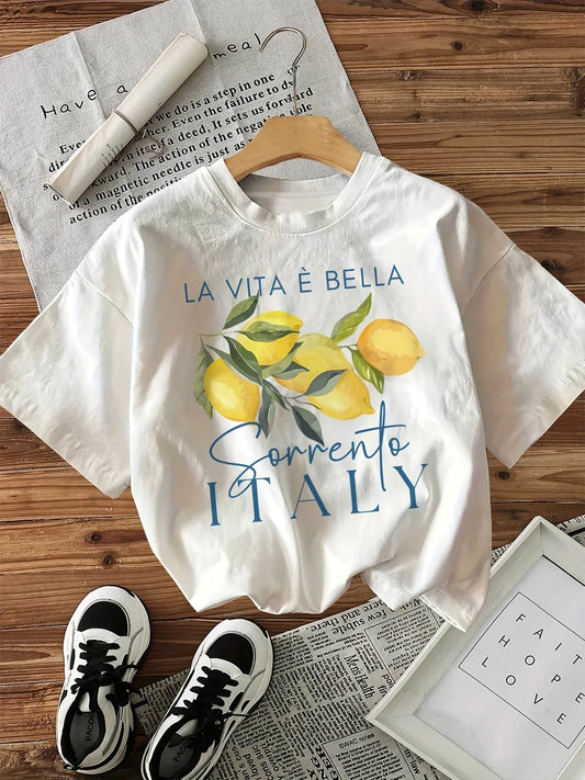 Graphic Lemon Print T-Shirt Short Sleeve Crew Neck Casual Top for Summer Spring Fashion Women's Clothing