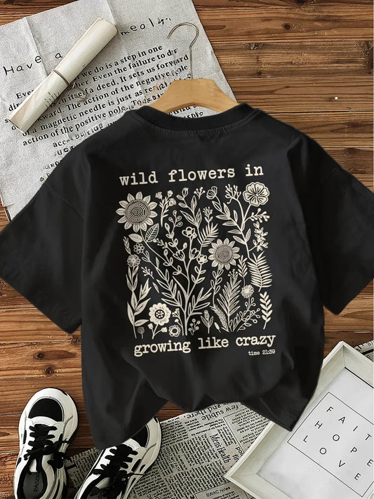 Flowers Letter Print Women T Shirt Round Neck Short Sleeve Botanical Tshirt Cottagecore Clothes Women Retro Aesthetic T-Shirts